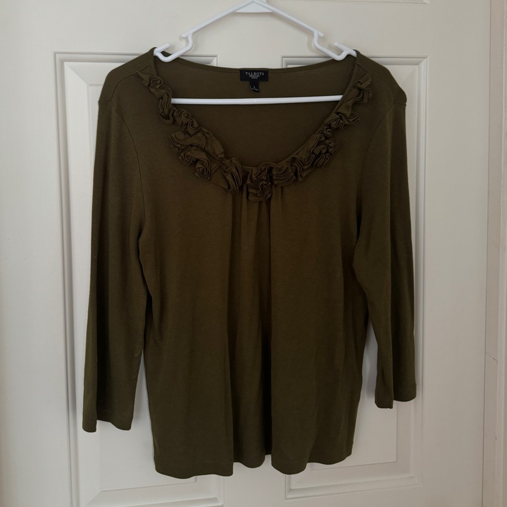 Talbots Autumn Olive Green Ruffle Trim Top
